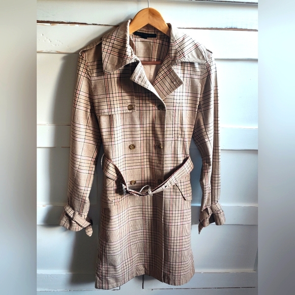 Express Design Studio Women's Multi Plaid Trench Rain Coat | Sz Large - Picture 1 of 8